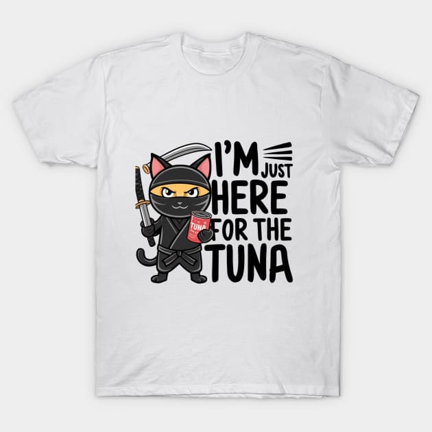 One design features a sneaky ninja cat with a katana in one hand and a can of tuna in the other. (6) T-Shirt by YolandaRoberts